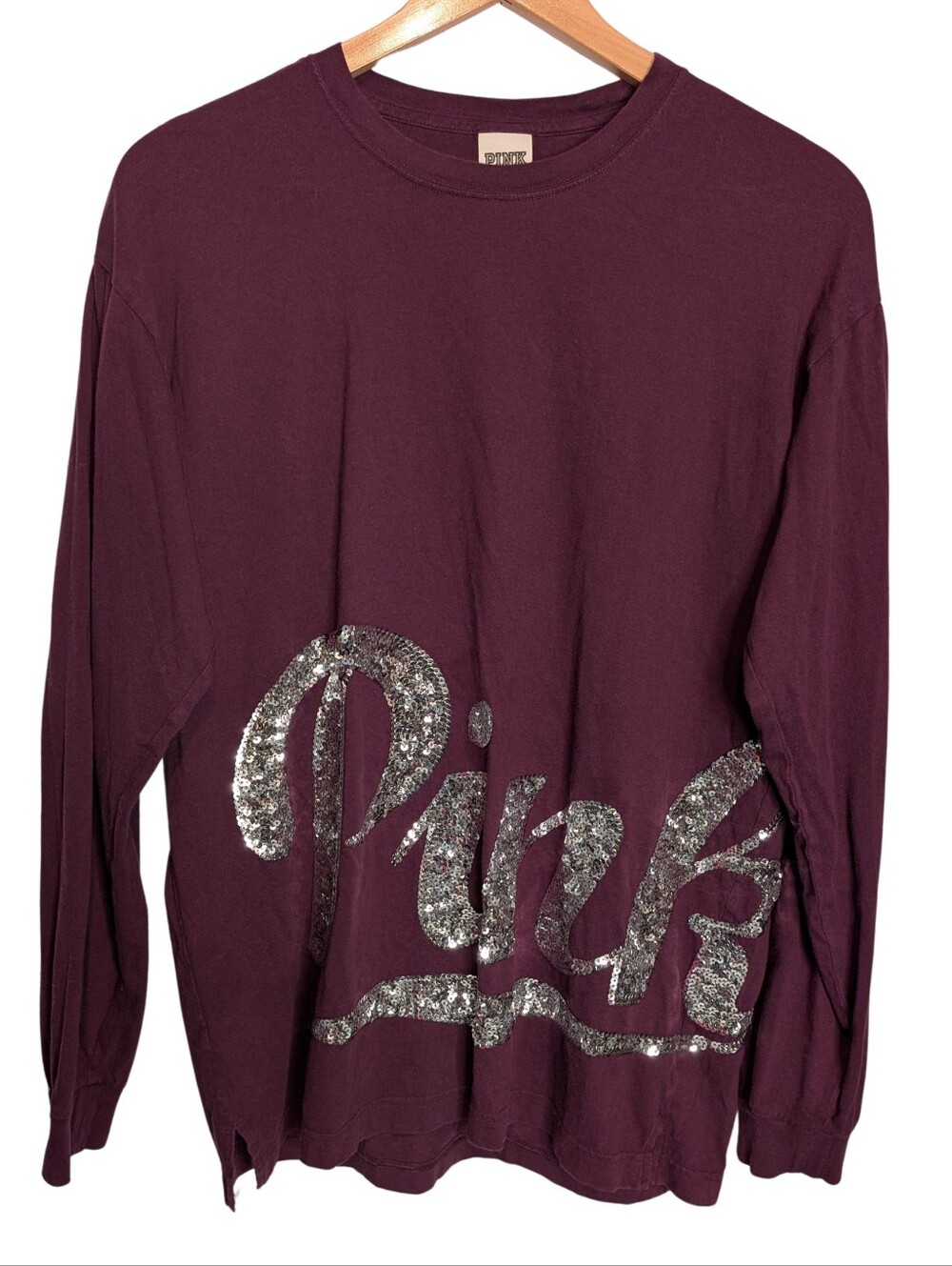 PINK Victoria's Secret Plum Sequin Script Crewneck Long Sleeve T-shirt. Size Med